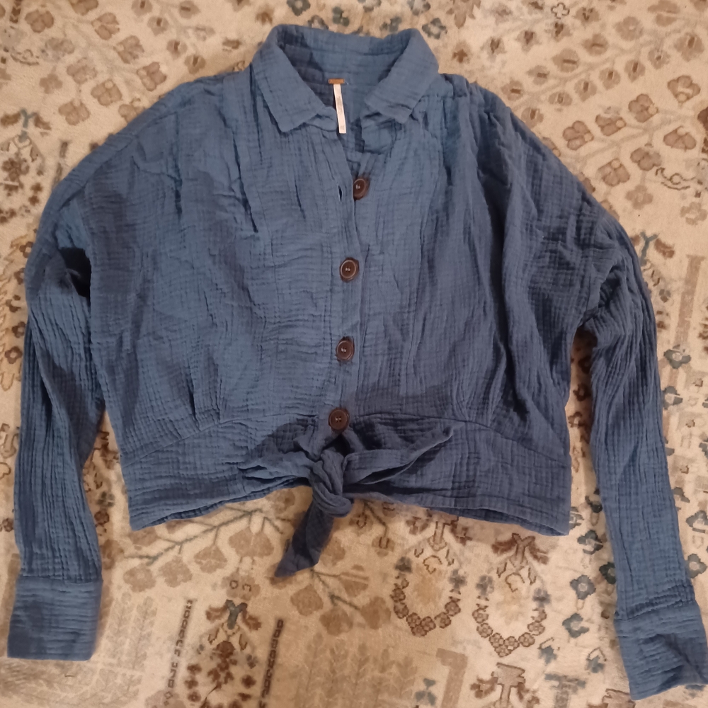 Free People Womens Size Extra Small Sun Streaks Blue Tie Front Blouse Top Cotton